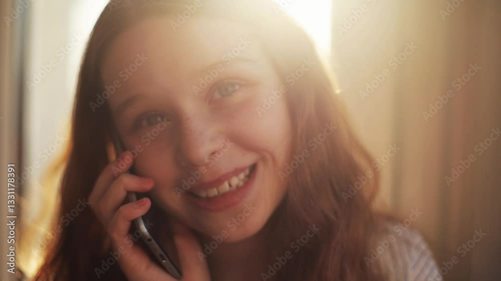 A Joyful Girl Happily Engaged in a Conversation on Her Smartphone in Beautiful Natural Light A Joyful Girl Happily Engaged in a Conversation on Her Smartphone in Beautiful Natural Light