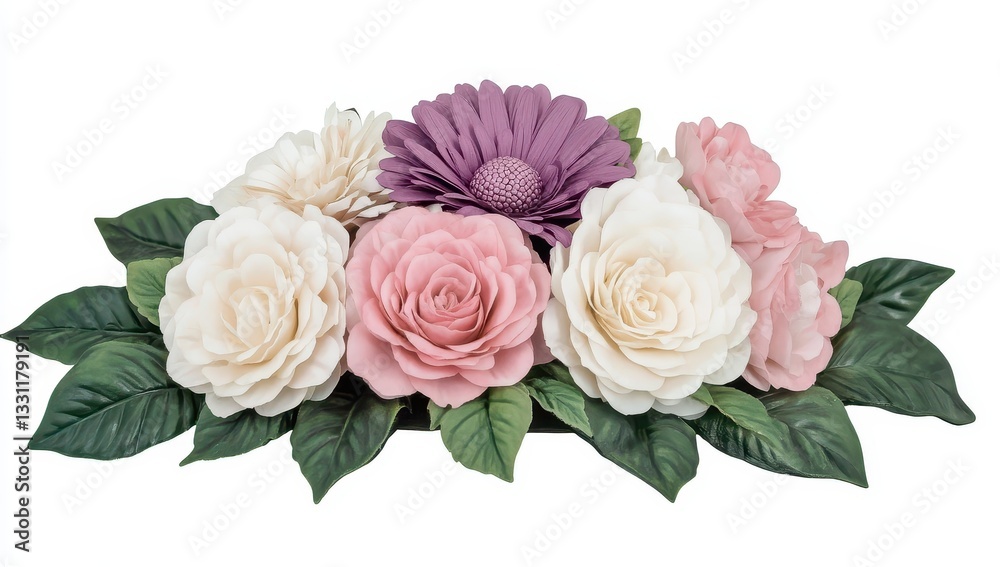 Fototapeta premium Beautiful Arrangement of Colorful Artificial Flowers with Green Leaves in a Soft Elegant Design for Home Decor and Event Decoration