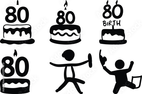 80th Birthday Celebration: Black and White Vector Illustration of Cake with 80 Candles and Happy Stick Figures Celebrating the Milestone