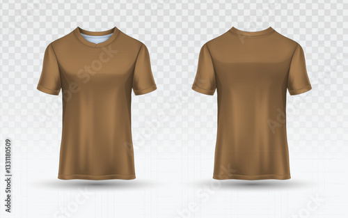 Brown t-shirt vector, front and back view, realistic 3D mockup. Short sleeves, round neck. Folded, draped fabric effect with shadows and highlights. Transparent background with subtle shadow.