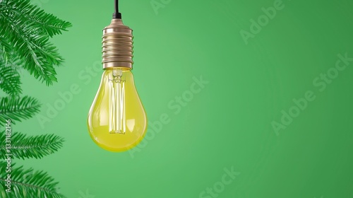 Yellow Lightbulb and Pine Branches on Green Background photo