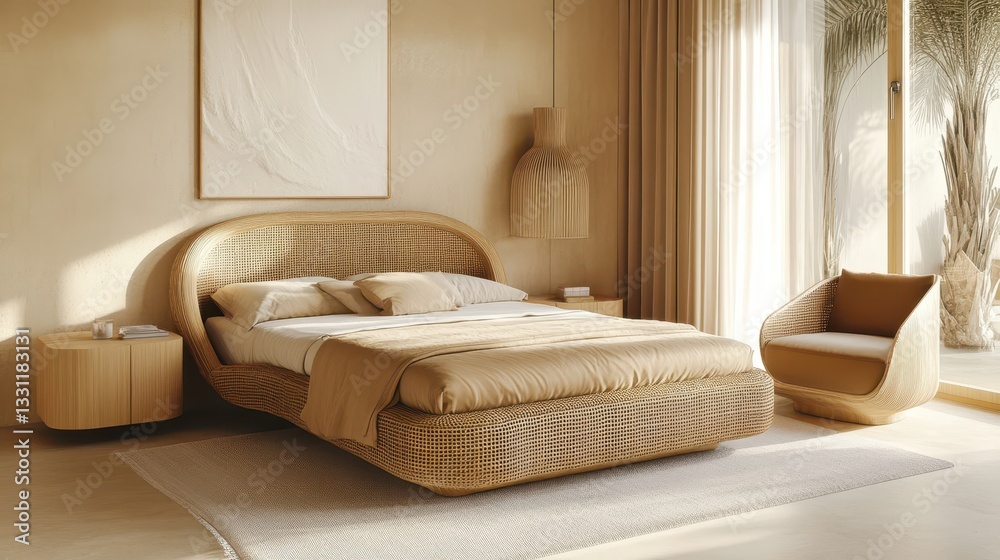 Fototapeta premium Cozy bedroom with wicker bed, neutral tones, and natural light