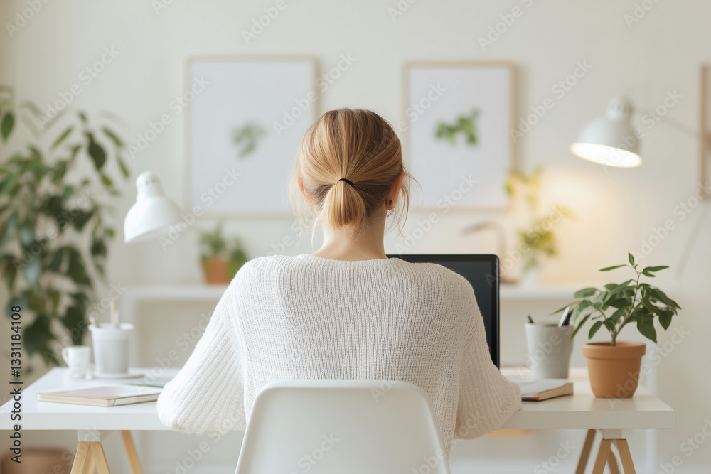 Woman working on laptop in a peaceful home office
Woman working on laptop in a peaceful home office