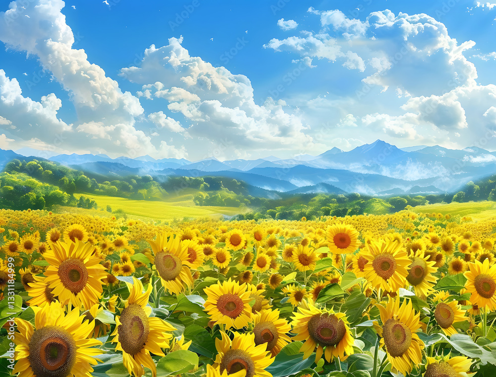 Obraz premium A stunning sunflower field set against a vibrant blue sky with soft, fluffy white clouds on a warm summer afternoon.