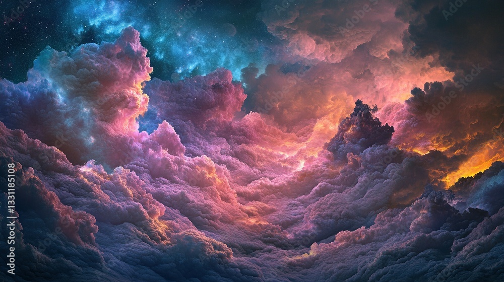 A breathtaking abstract painting of colorful swirling clouds in sky