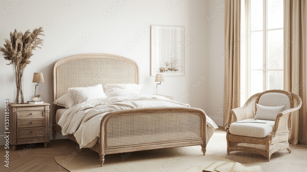 Fototapeta premium Elegant bedroom interior with rattan bed and armchair
