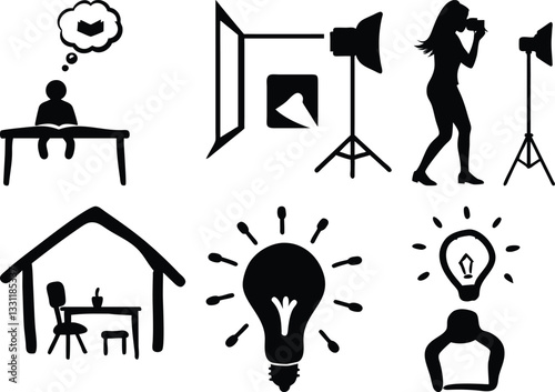 Black and White Icon Set: Thinking, Photography Studio, Home Interior, Light Bulb Idea, Creative Concepts, Vector Illustration