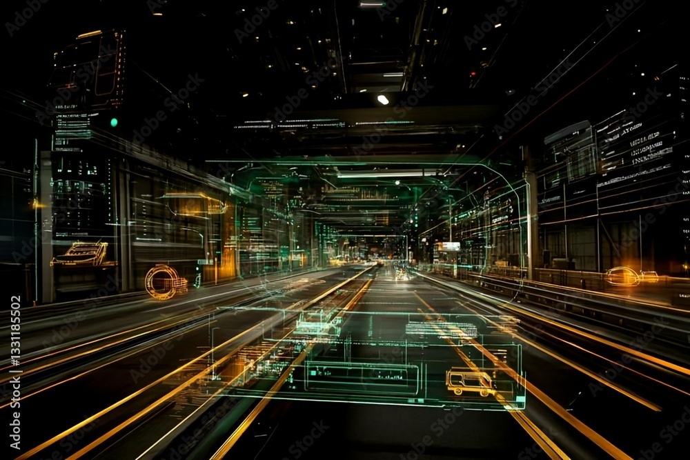 Obraz premium Futuristic Cityscape with Digital Interface and Motion Blur Effects