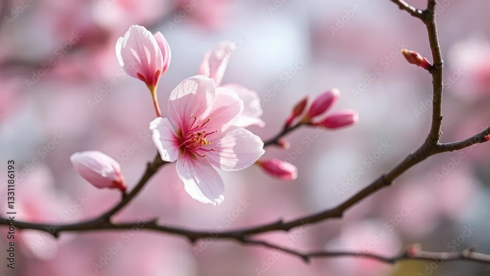 Delicate pink petals unfolding from a bare tree branch, spring, blossom, nature Delicate pink petals unfolding from a bare tree branch, spring, blossom, nature