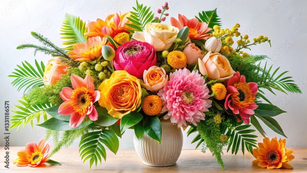 Obraz premium Vibrant floral arrangement in a ribbed vase, featuring a captivating mix of peach, pink, and yellow blossoms, complemented by lush green foliage, creating a stunning centerpiece.