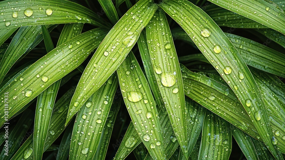 Fototapeta premium Dewy, vibrant green leaves arranged closely, creating a lush, natural pattern