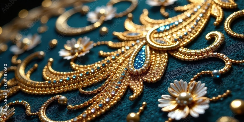 Intricate Golden Beadwork on Teal Fabric A Close-Up View of Exquisite Handcraftsmanship Featuring Delicate Floral and Curvilinear Designs with Turquoise Accents Intricate Golden Beadwork on Teal Fabric A Close-Up View of Exquisite Handcraftsmanship Featuring Delicate Floral and Curvilinear Designs with Turquoise Accents