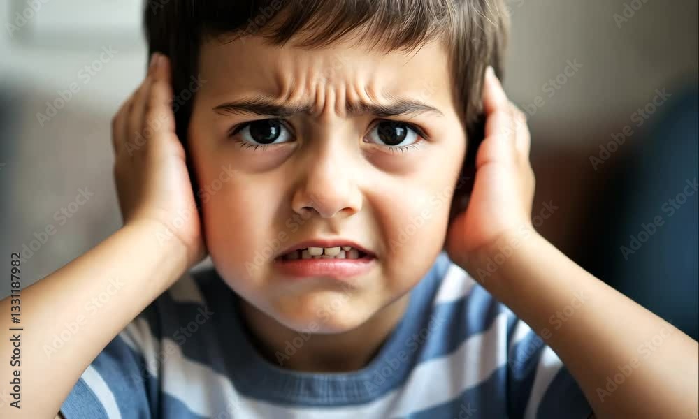 Angry Child Holding Ears with Frustrated Expression Angry Child Holding Ears with Frustrated Expression