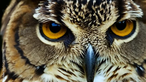 A captivating close-up of a European scops owl (Otus scops) as it slowly blinks, showcasing intricate feather textures, piercing eyes, and fine details of its facial features in stunning clarity.