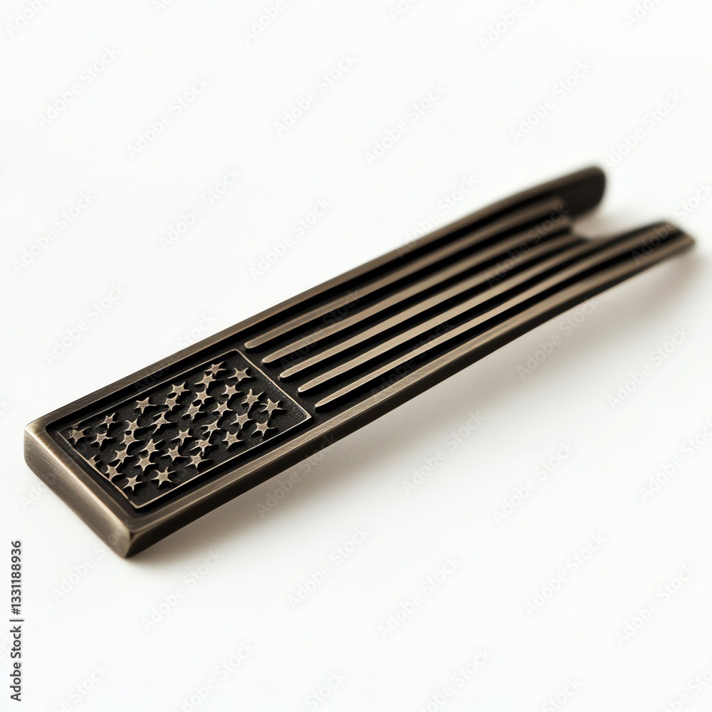 Bronze flag clip with embossed stars and stripes, white isolated background. Bronze flag clip with embossed stars and stripes, white isolated background.
