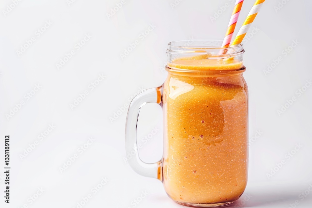 Peach Smoothie in a Mason Jar Glass with Paper Straws Isolated on a White Background Peach Smoothie in a Mason Jar Glass with Paper Straws Isolated on a White Background