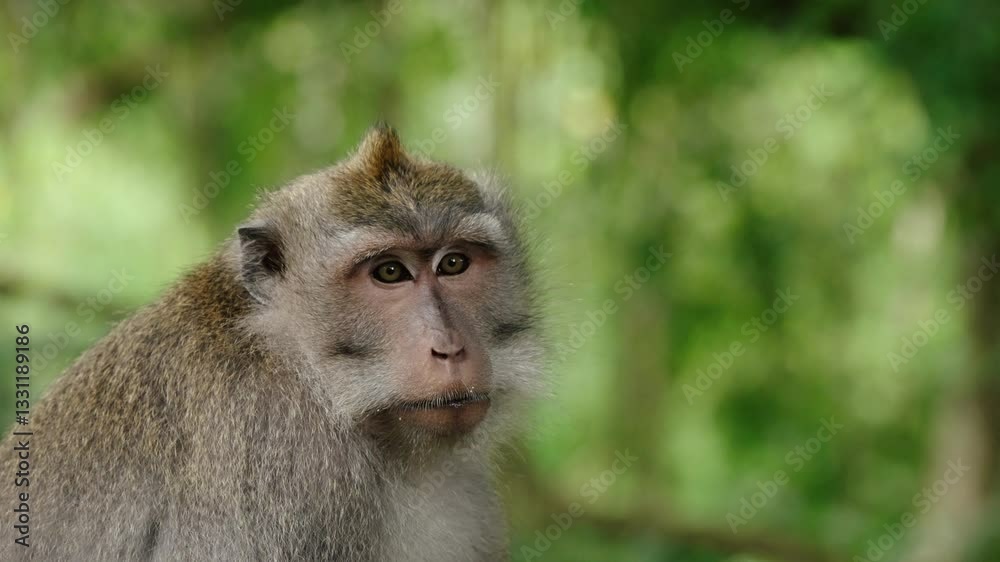 Adult Macaque Monkey Looking At Camera. Monkey Forest Sanctuary In Ubud. Bali, Indonesia. closeup shot, selective focus Adult Macaque Monkey Looking At Camera. Monkey Forest Sanctuary In Ubud. Bali, Indonesia. closeup shot, selective focus