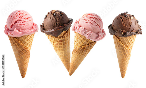 Chocolate and Strawberry Ice Cream in Waffle Cones on Transparent Background Creamy Frozen Dessert