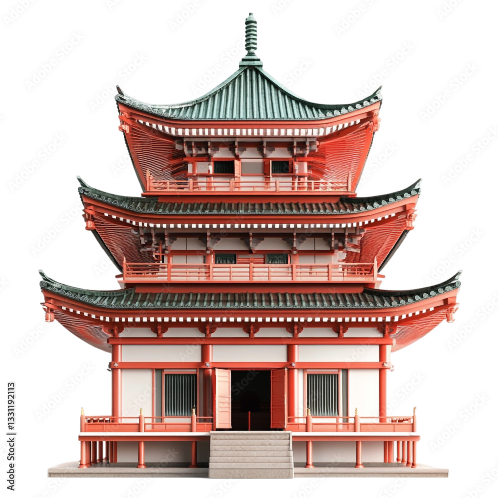 Majestic Three Story Japanese Pagoda Traditional Architecture Red Green White Design, Majestic Three Story Japanese Pagoda Traditional Architecture Red Green White Design,