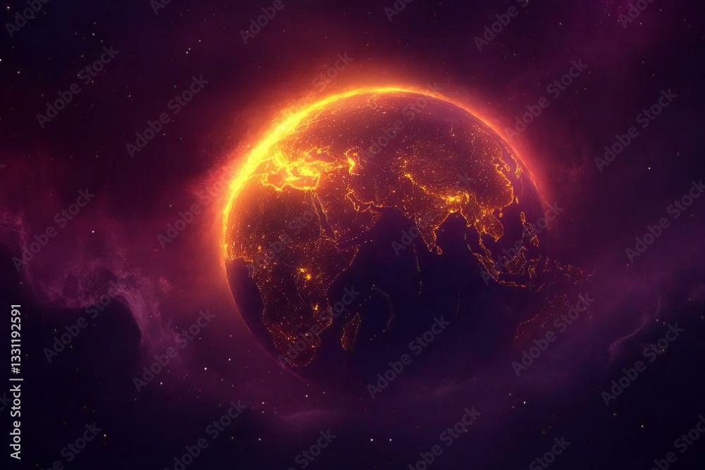 Obraz premium Stunning Evening View of Earth with Glowing Cities and Purple Sky