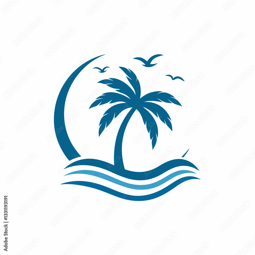 Fototapeta premium Stylized Ocean Wave and Palm Tree vector Logo.