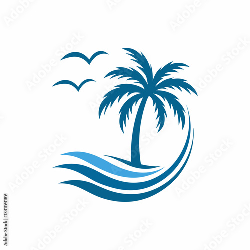 Stylized Ocean Wave and Palm Tree vector Logo.