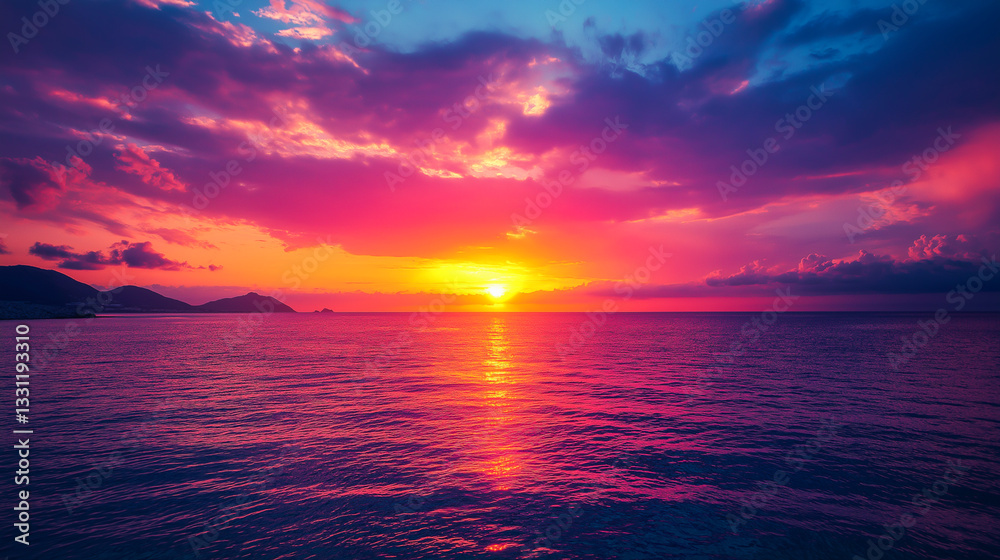 Fototapeta premium Vibrant sunset over tranquil waters with dramatic clouds reflecting warm colors in the sky