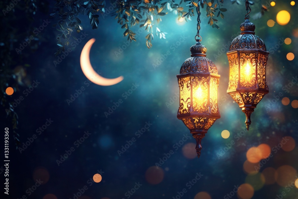 Ramadan kareem decorations with lanterns in the night, festive and colorful holiday scene, Eid-ul-Fitr celebration Ramadan kareem decorations with lanterns in the night, festive and colorful holiday scene, Eid-ul-Fitr celebration