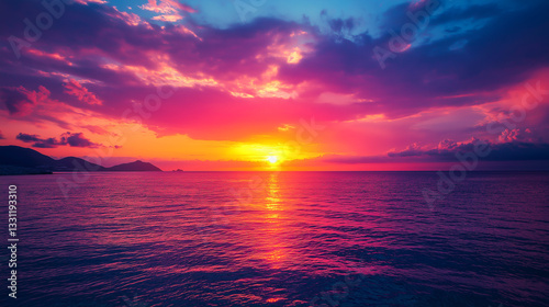 Vibrant sunset over tranquil waters with dramatic clouds reflecting warm colors in the sky