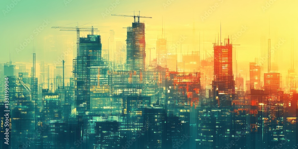 Fototapeta premium Abstract cityscape with high rise buildings under construction sites