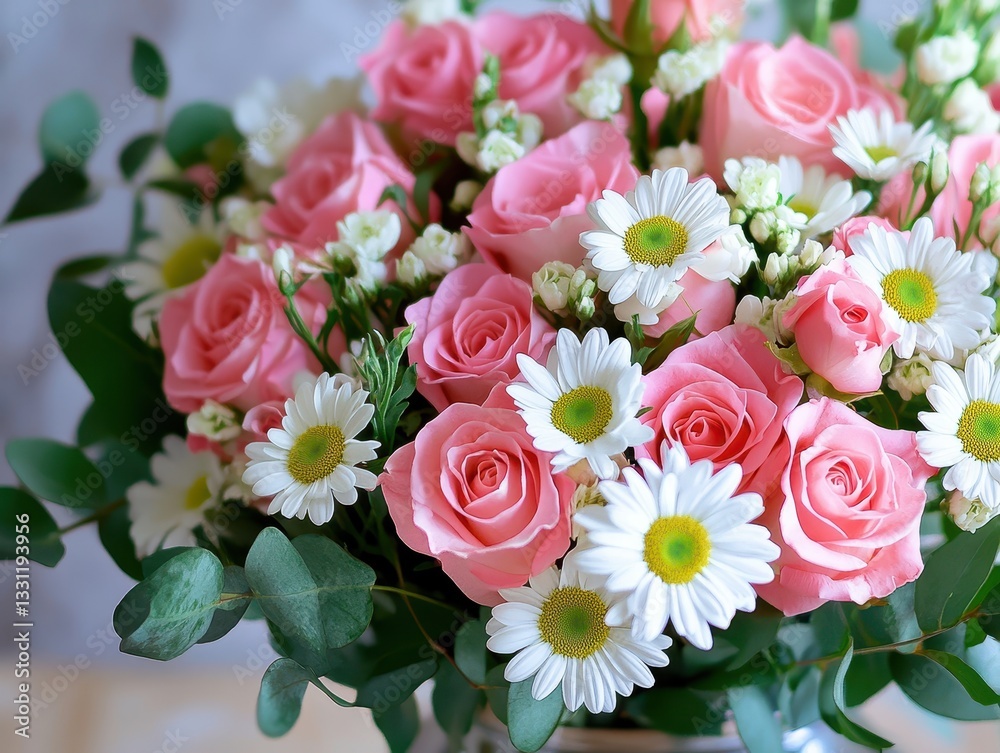 Fototapeta premium Beautiful arrangement of pink roses and white daisies in a bright floral bouquet with greenery on a light background for decoration or gifting purposes