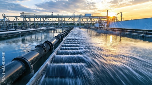 Water flowing through a modern wastewater treatment plant. Illustrates water purification and resource management.