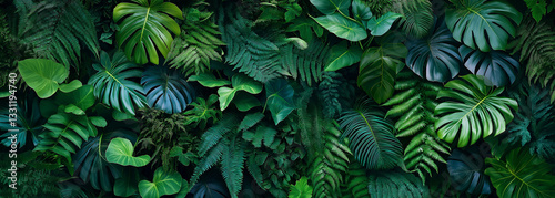 A lush, green jungle wall of various tropical plants and ferns.