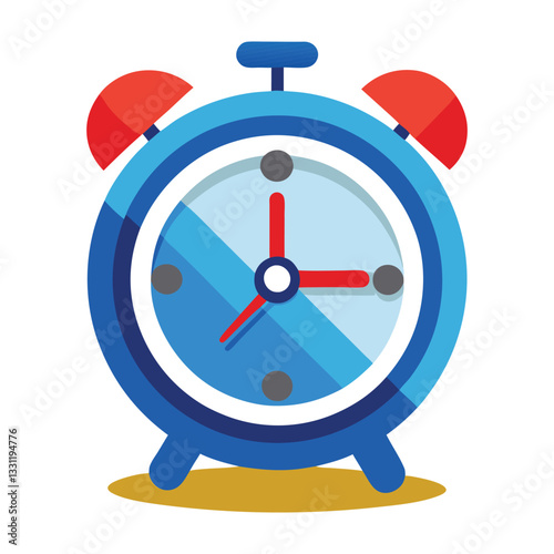 Retro blue alarm clock with red bells and classic hands showing time