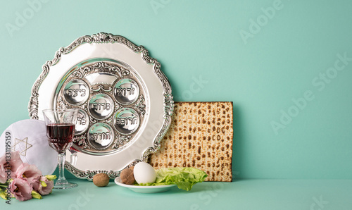 Billede på lærred Traditional side view Jewish Passover celebration featuring a Seder plate, Matzo