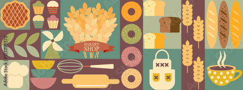 Bread and pastries abstract background. Geometric pattern bakery menu bread, croissant, donut, cupcakes. Pastries and dessert in trendy style, seamless pattern with icons related to bakery, cafe.