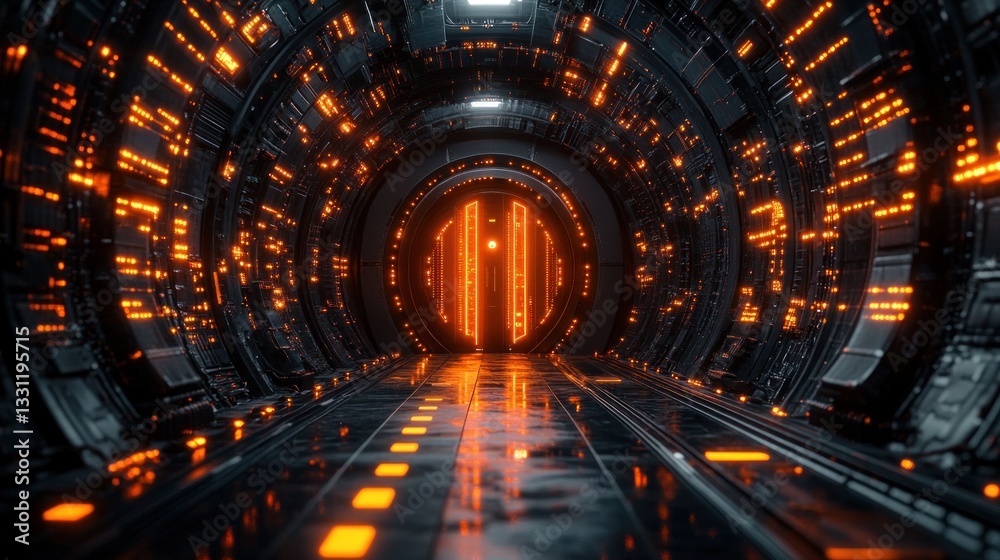 Fototapeta premium Futuristic spaceship corridor with glowing orange lights and a closed door at the end.