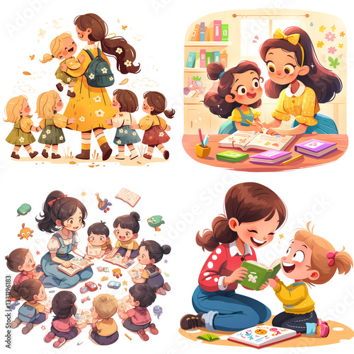 Nurturing Moments: A heartwarming collage showcasing a teacher and children in a vibrant classroom environment, filled with stories, art, and shared learning experiences.
