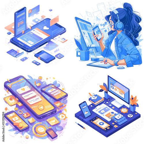 Innovation in the Digital Age: A vibrant illustration showcasing mobile application development and user interface design. Demonstrating modern technology and connectivity.