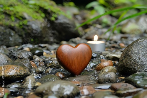 Wooden Heart Symbol on River Stones with Soft Candle Light