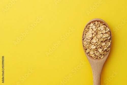 Wooden Spoon Filled with Yellow Breakfast Cereal on Bright Yellow Background