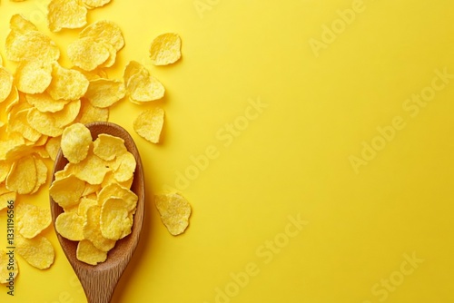 Yellow Background with Corn Flakes in Wooden Spoon and Messy Pile