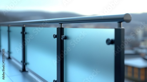 Frosted glass balcony railing with metal posts and hardware, blurred background