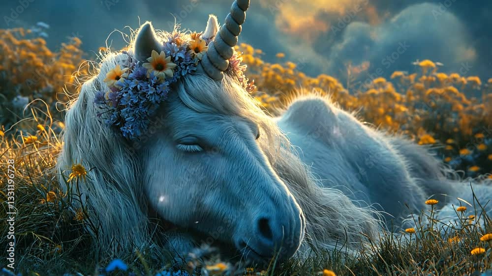 Magisches Einhorn ruht sanft in einer verträumten Landschaft