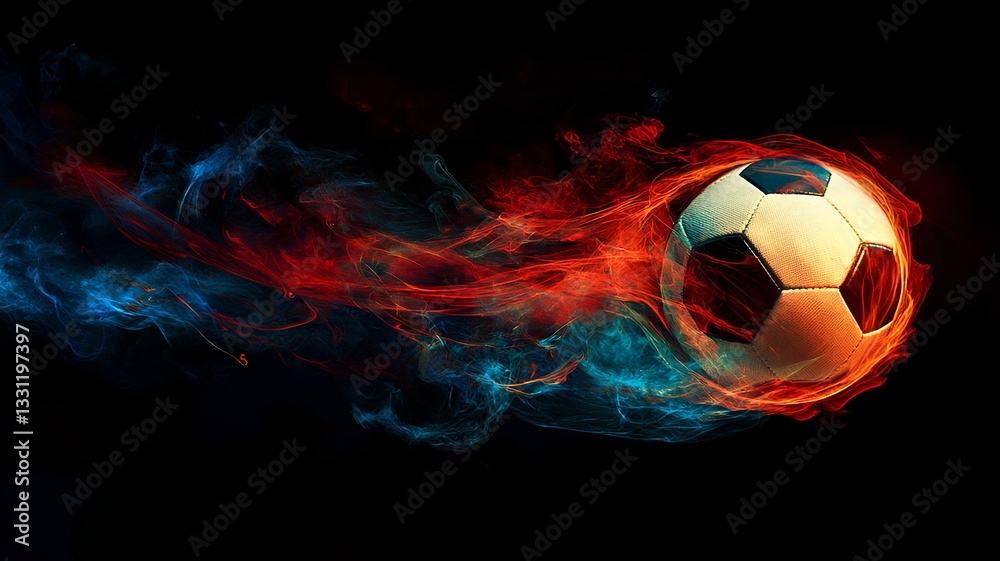 Naklejka premium soccer ball with red and blue flames on a black background