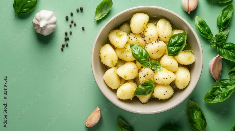 A bowl of potato gnocchi with pesto sauce, surrounded by fresh basil leaves, garlic cloves, and peppercorns on a green background A bowl of potato gnocchi with pesto sauce, surrounded by fresh basil leaves, garlic cloves, and peppercorns on a green background