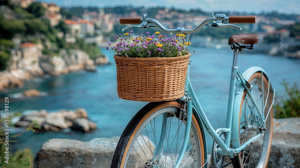 Fototapeta premium Bicycle with a wicker basket full of flowers near a scenic coastal view on a sunny day