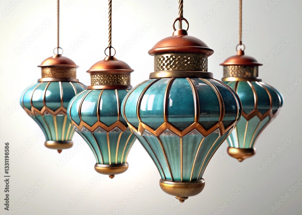 Obraz premium Vibrant teal and gold decorative lanterns with intricate design and classic metalwork, hanging elegantly with a soft glow