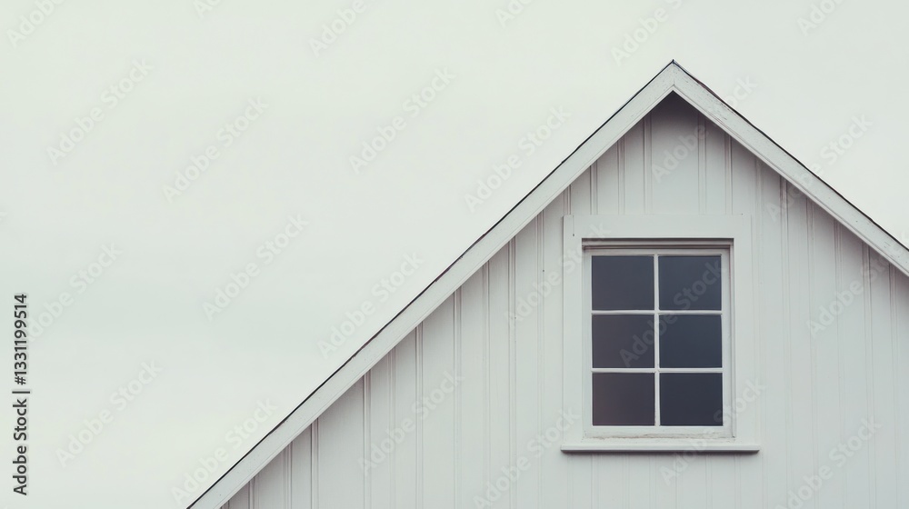 Gable roof with dormer window on a white house against a light sky. Gable roof with dormer window on a white house against a light sky.