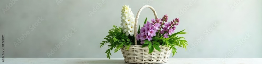 Water hyacinth and ferns in a simple white wicker basket,, botanical arrangement Water hyacinth and ferns in a simple white wicker basket,, botanical arrangement